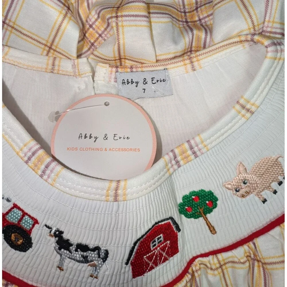 Abbie & Evie Smocked Dress 7 Girl's Plaid Embroidered Farm Animals Pig Country